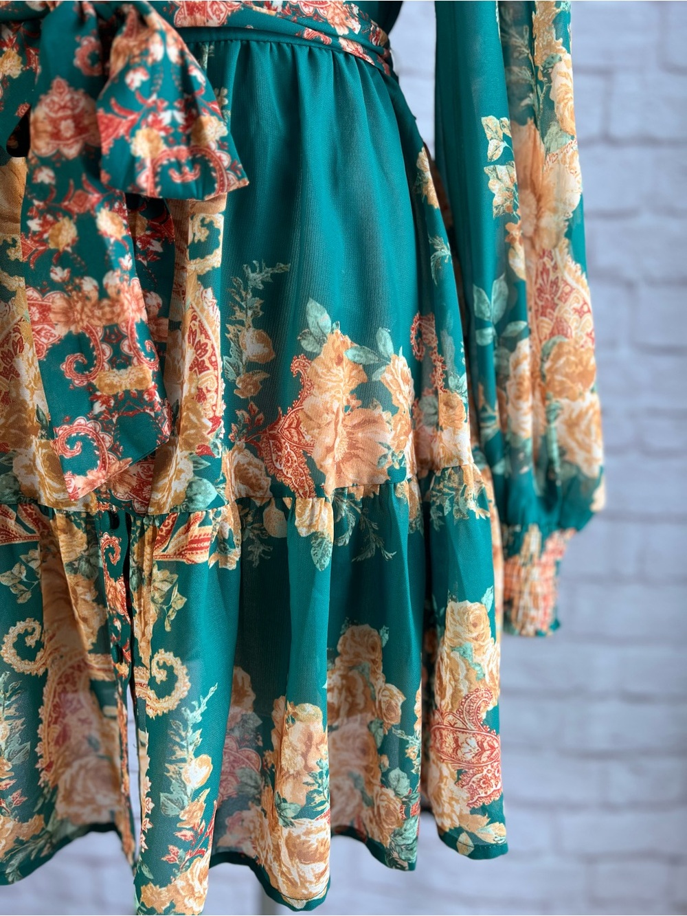 Flying Tomato Green Floral Tie-Waist Long Sleeve Mini Shirtdress Size M - Picture 7 of 16